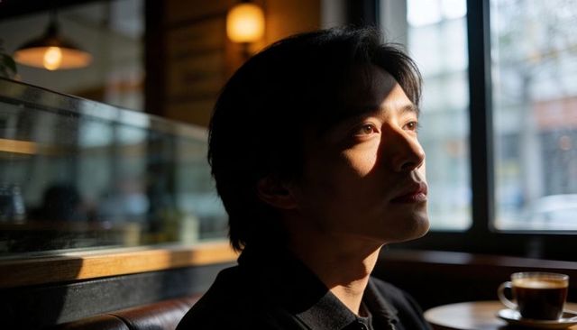 Asian man gazing through cafe window, contemplative profile bathed in warm espresso light