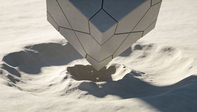 Hovering modular inverted cube casting shadow over cratered sand plain
