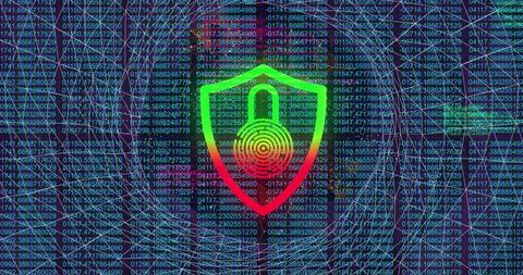 Cybersecurity shield protecting digital network with code matrix background
