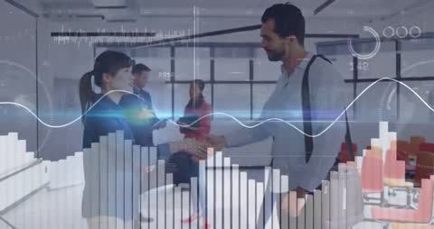 Colleagues Shaking Hands with Digital Data Interface