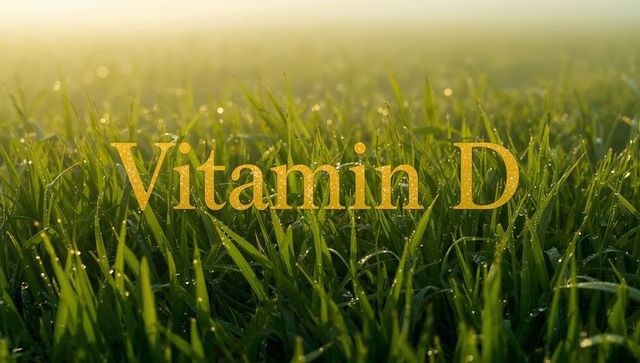 Dew-Kissed Grass Catching Morning Sunlight with Golden Vitamin D Text Overlay