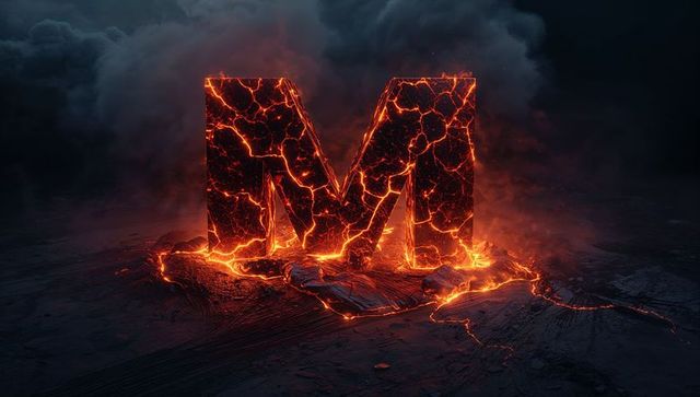 Glowing volcanic letter m with seeping molten lava streams and smoke