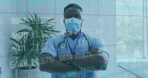 Confident Doctor Amid Digital Data Overlay in Medical Setting