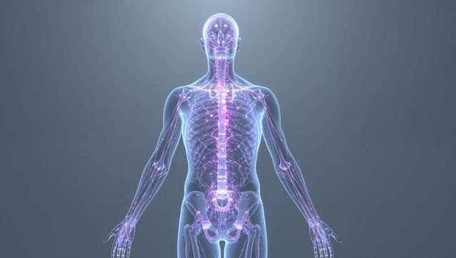 Transparent human hologram highlighting glowing neural network, spinal column, skeleton