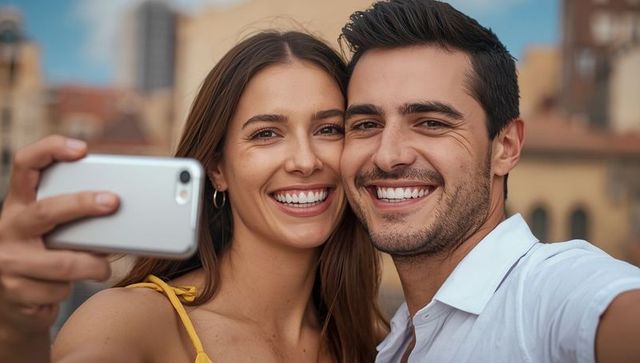 Couple Smiling on Urban Terrace Taking Vibrant Selfie