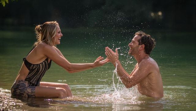 Sunlit Couple Splashing Water at Lakeshore During Golden Hour Laughing and Playing