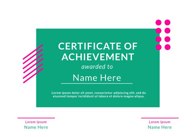 Colorful and modern certificate of achievement template featuring geometric elements and placeholders for recipient's name and details. Ideal for educational institutions, corporate awards, and recognition programs. Easy to customize with different names, dates, and certificate details. Perfect for business awards, employee recognition, and academic achievements.