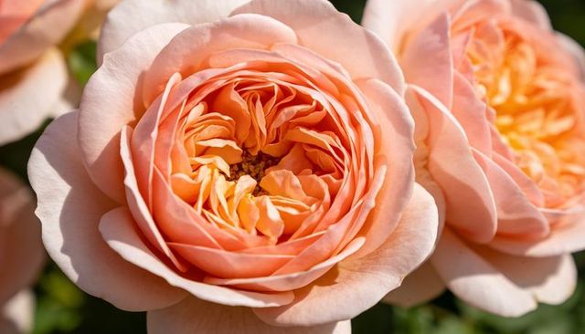 Blooming peach-apricot rose showing layered rosette petals and golden stamens in sunlight