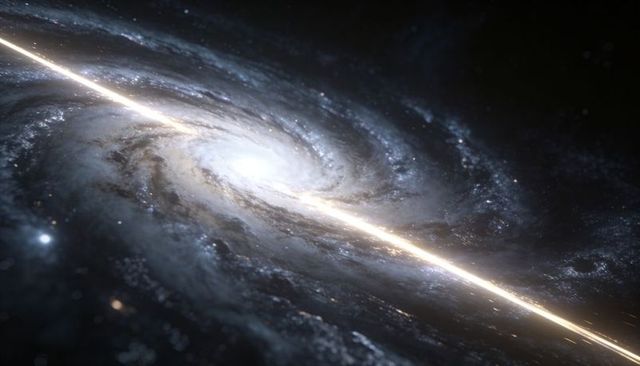 Spiral galaxy with bright central bulge and luminous jet crossing galactic disk, diagonal light trai