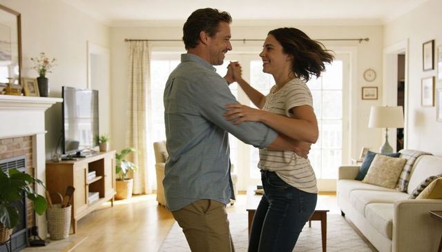 Couple dancing in cozy living room enjoying romantic moment and playful laughter at home