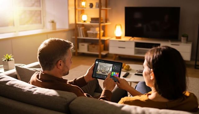 Middle-aged couple adjusting smart home lighting controls on tablet in cozy living room