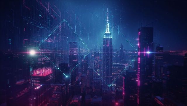 Futuristic cityscape with neon lights and digital effects