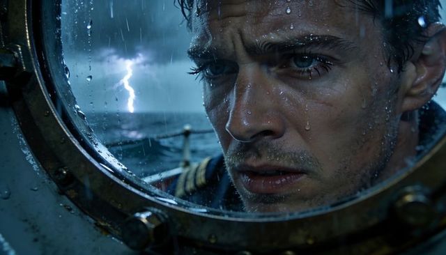 Ship officer peering through rain-drenched porthole during violent lightning ocean storm