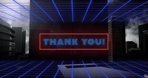 Digital thank you message in futuristic cityscape