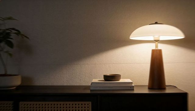 Warm minimalist table lamp casting soft light on rattan-front console with decor