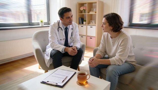 Doctor listening during compassionate patient consultation in sunlit clinic office