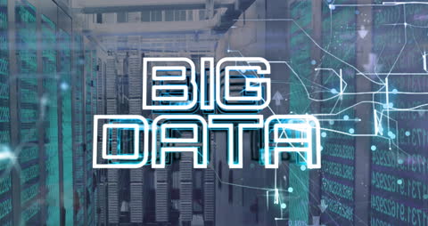 Futuristic Big Data Server Room with Digital Overlay