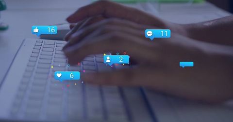 Woman Typing on Laptop Keyboard with Floating Social Media Notifications and Engagement Icons