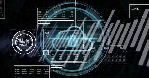 Holographic cloud icon with padlock on cybersecurity dashboard