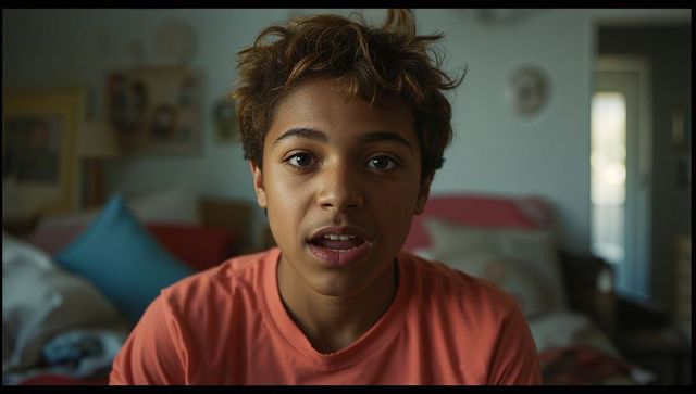 Teen boy in coral shirt relaxing in cozy bedroom setting