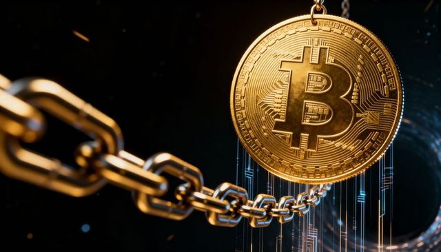 Glowing gold bitcoin token swinging on heavy chain with neon blockchain circuitry