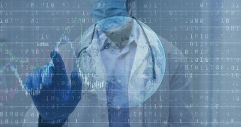 Doctor pointing holographic globe displaying global data analytics and clinical interface