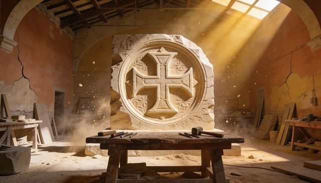 Carved medallion cross catching sunbeams in rustic stone workshop with chisels