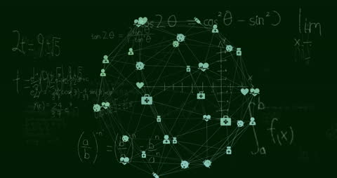 Geometric Digital Network with Icons Overlaid on Mathematical Background