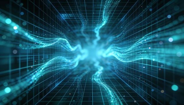 Neon data vortex streaming cyan light through futuristic grid tunnel with wireframe depth