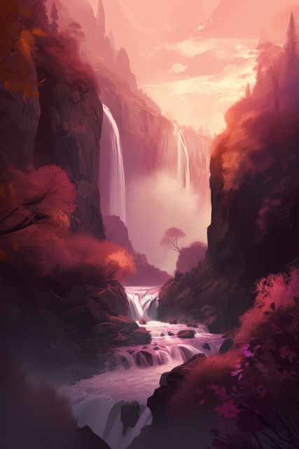 Fantasy landscape with waterfalls, river and mountains created using generative ai technology. Fantasy, imagination and colour concept digitally generated image.
