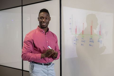 Professional presenter demonstrating bar chart on modern glass whiteboard