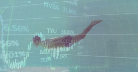Man swimming mixed with stock market data visualization