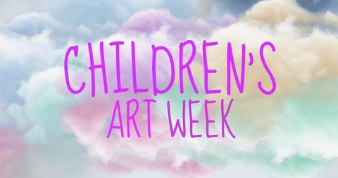 Children's art week text with pastel clouds background