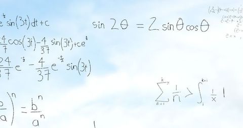 Floating mathematical formulas on pale blue sky background