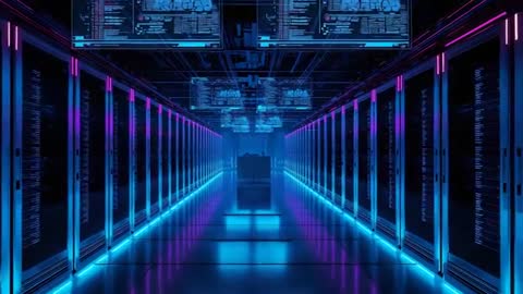 Futuristic Neon-Lit Datacenter Aisle with LED Displays
