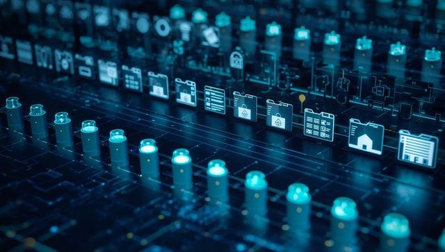 Glowing teal data nodes floating along circuit grid with holographic folders