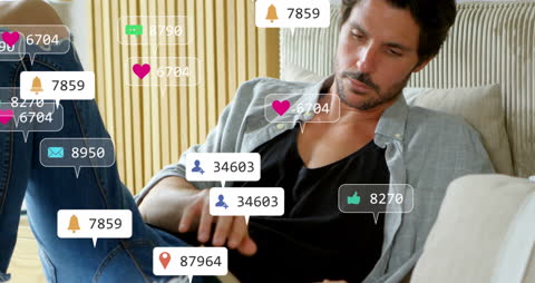 Man Engaging on Social Media Platforms from Home Couch