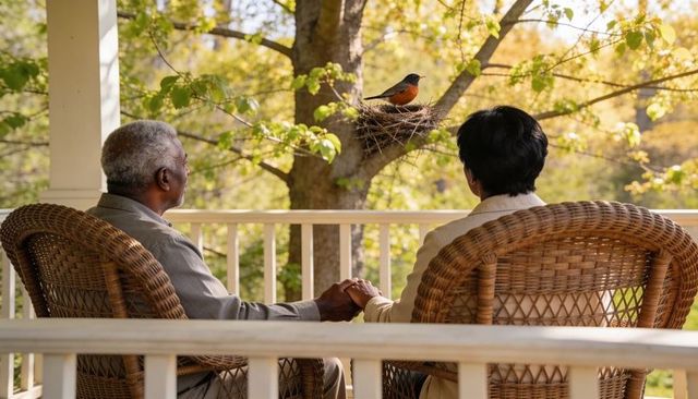 Senior couple holding hands on porch watching songbird nesting in warm spring sunlight