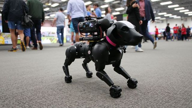 Black robot dog walking through convention floor demonstrating camera rig and pink collar