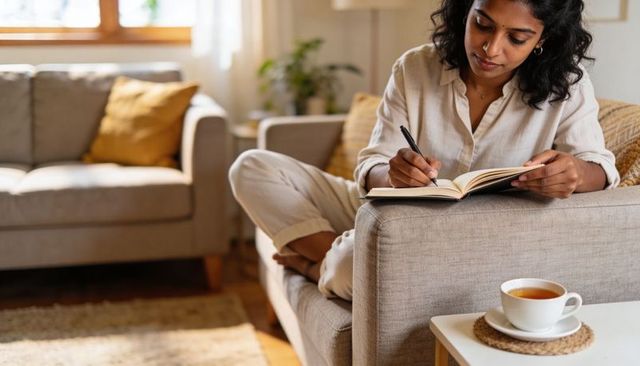 Indian woman writing in journal on sofa, relaxing with cup of tea in cozy living room