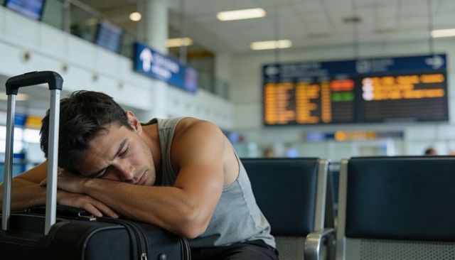 Tired traveler sleeping on suitcase in airport terminal waiting area near departure board