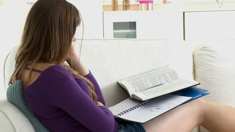 Teenager Studying Intently on Sofa at Home