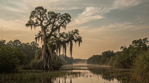 Majestic bald cypress with spanish moss in peaceful wetland scene