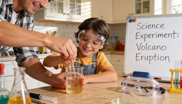 Child conducting kitchen volcano experiment with parent guidance, wearing safety goggles