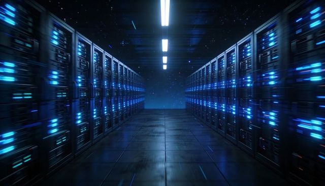Leading data center aisle guiding eye to vanishing point with glowing blue server racks