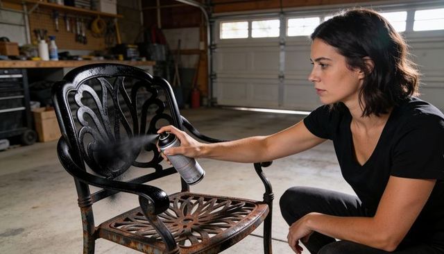 Woman spray painting metal garden chair in garage for diy furniture restoration