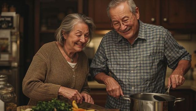 Senior couple cooking in cozy kitchen smiling warmly and chopping vegetables, stirring pot