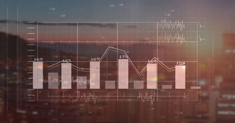 Translucent financial dashboard overlaying city skyline at dusk with bar chart waveform