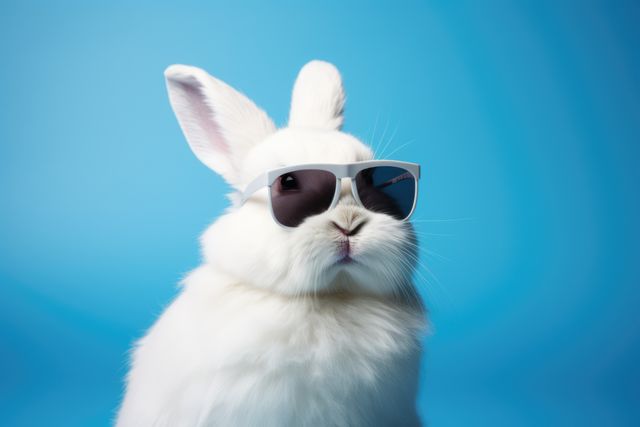 Rabbit wearing sunglasses on blue background, created using generative ai technology. Rabbit, animal, summer and vacation concept digitally generated image.