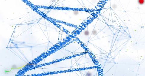 Blue DNA Double Helix of Spheres with Wireframe Network Representing Genomic Data
